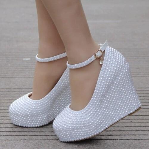 BaoYaFang Womens Wedding Shoes High Wedges White/Cream/Gold Beads Party shoes Round Toe Pearl beading Shoes High Heeled