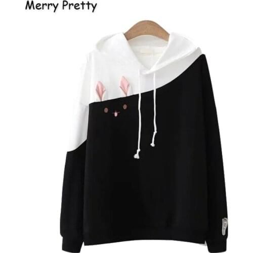 Merry Pretty Cotton Womens Cartoon Cat Print Harajuk Hooded Tracksuit 2020 Winter Long Sleeve Hoodies Sweatshirts Cute Pullover