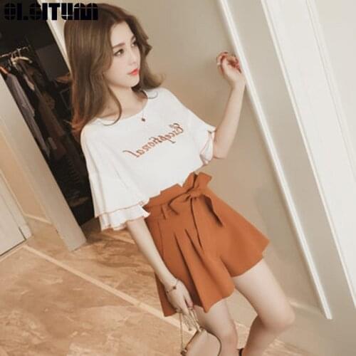 Women 2 Piece Set Fashion O-Neck Letter Print Short Petal Sleeve Top And Shorts Sweet Elastic Waist Drawstring Sets WS138