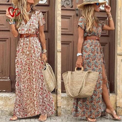 Fashion Boho Long Dress for Women V Neck Short Sleeve Paisley Print Belt Large Hem Beach Long Dress Elegant Womens Dress 2021