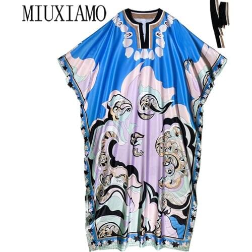 MIUXIMAO 2021 Bohemian Plus Size Dress o-neck Batwing Sleeve Maxi Dress Women Silk Floor Length Flower Print Kaftan Dress Belt