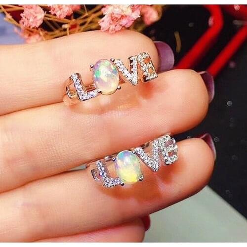 Fashion Silver LOVE Ring for Girl 5mm*7mm Natural Opal Ring 925 Silver Opal Jewelry Silver Letter Ring Gift for Woman