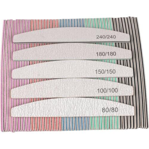100Pcs Professional Nail File Polisher 80/100/150/180/240 Grit Grey Sandpaper Buffer Curved Buffing Emery Board Manicure Tools