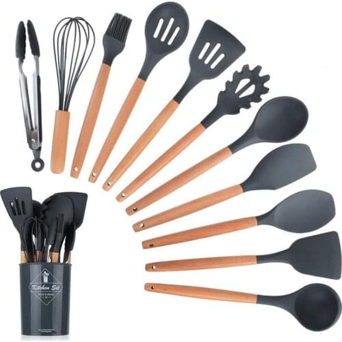 12pcs Kitchen Utensil Set Nonstick Silicone Cooking Utensils Cookware Wooden Handle Spoon Spatula with Storage Box Kitchen Tools