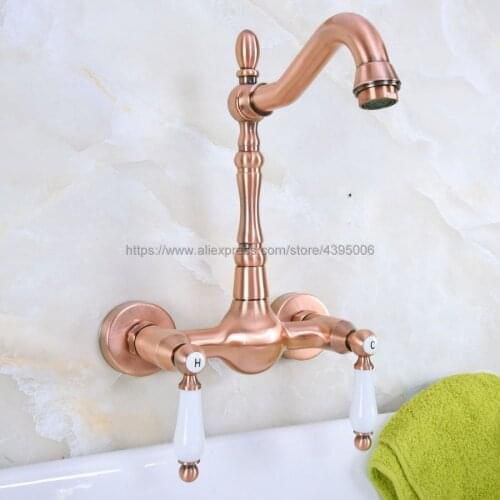 Antique Red Copper Bathroom Basin Swivel Spout Faucet Wall Mounted Dual Ceramic Handles Vessel Sink Mixer Taps Bnf947
