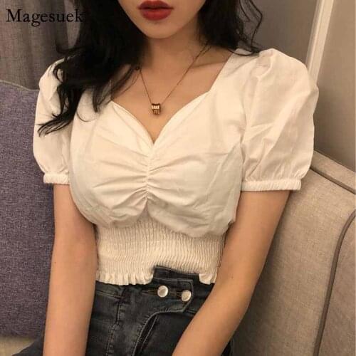 Bubble Short Sleeved Sweet Women V-neck Shirts Summer New Short White Blouse Ladies Tops Waist Hugging Top Chemisier Femme 10020