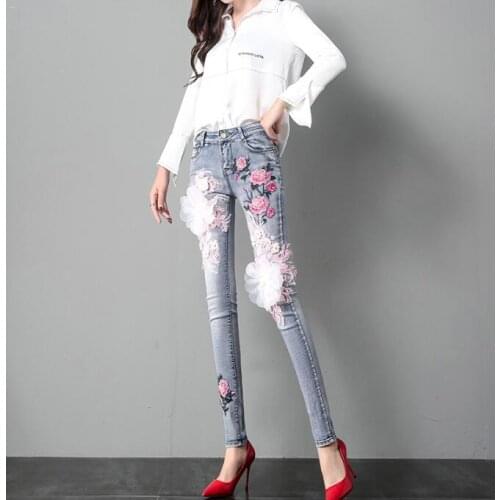 Womens Korean Fashion Flower embroidery Slim Jeans Female Sexy Slim Jeans Plus Size Pencil Pants TB637