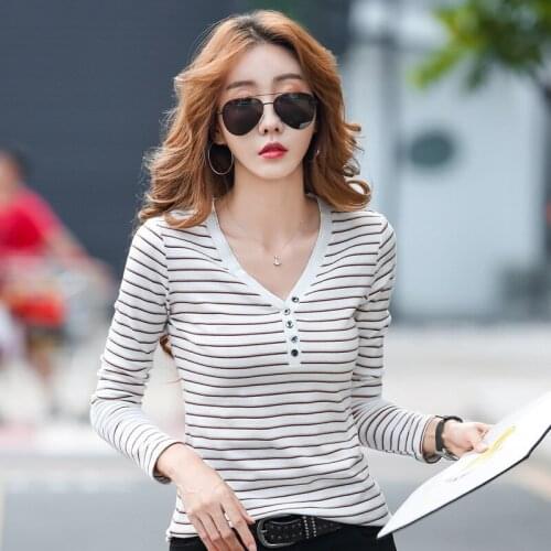 Harajuku T Shirt Womens Striped V-neck T-shirt Women Long Sleeve T-shirt Plus Size Women Clothing