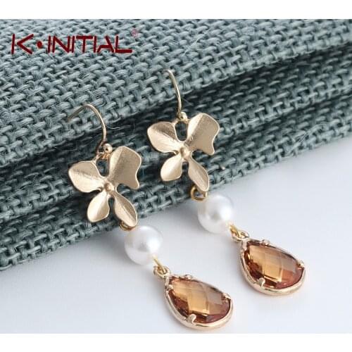 Kinitial Tiny Orchid Floral Shape Moon Star Bar Crystal Long Dangle Earrings Wedding Bridal Party Vintage Leaf Earring Jewelry