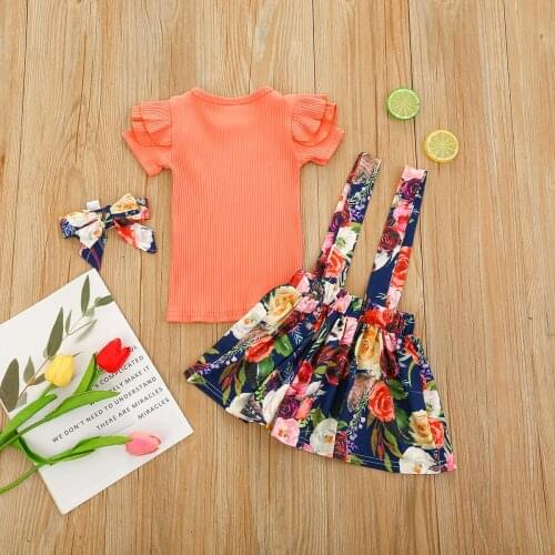 3Pcs Little Girls Outfit Summer Solid Color Fly Sleeve Round Collar Top + Floral Printing Suspender Skirt + Bow Headwear