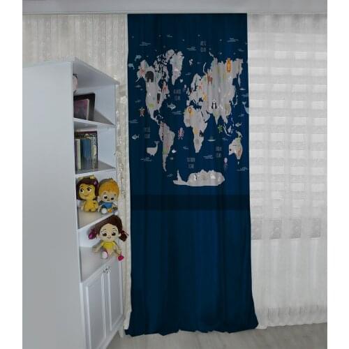 Lacivert çocuk odası perdesi harita,hayvanlar eğitici çocuk perdesi