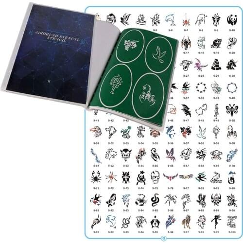 Book 9 Latest Fashion Custom Pattern Reusable Airbrush Tattoo Stencil Contains 100 Unique Stencil Designs for Kids Women Boys