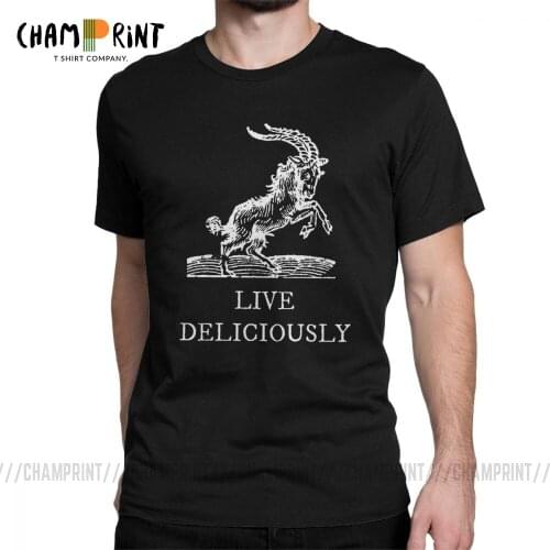 Mens Live Deliciously T Shirts Baphomet Pure Cotton Tops Novelty Short Sleeve Round Neck Tees Adult T-Shirt