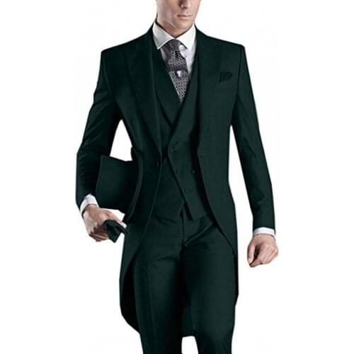 Morning Style Men Suits Dark Green Groom Tuxedos Peak Lapel Groomsmen Wedding Bridegroom ( Jacket+Pants+Vest+Tie ) D113