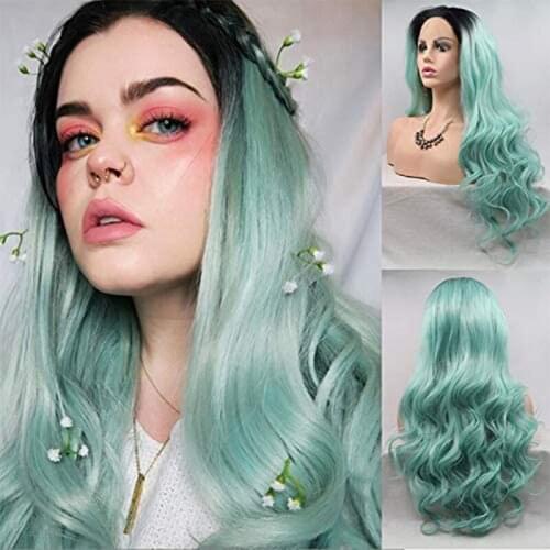 Ombre Mint Green Synthetic Lace Front Wigs for Women Long Body Wave Lace Wig with Baby Hair Dark Roots Green Wig Cosplay Wig 24