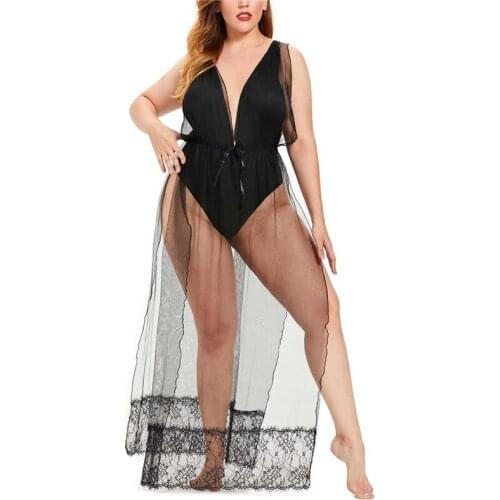 New Fashion Hot Sale Plus Women Solid Color Tulle Nightdress Deep V-neck Strap Nightdress with Patchwork Full-length wholesale