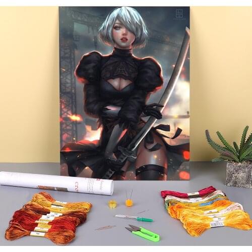 Cartoon Girl Woman Printed Water-Soluble Canvas 11CT Cross-Stitch Embroidery Kit DMC Threads Handicraft Handmade Decor