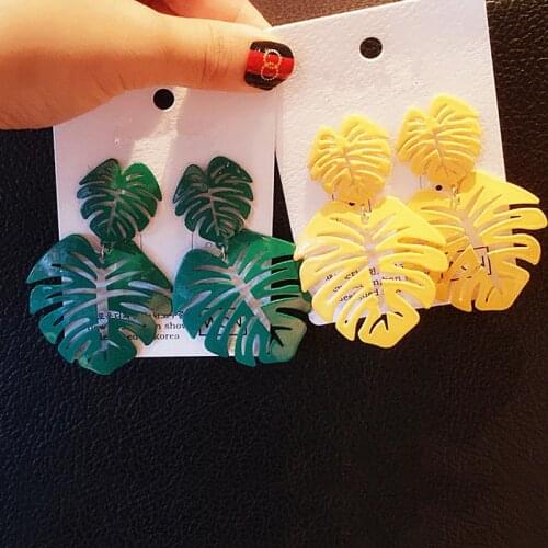 New Exaggerated Bohemia Colorful Metal Hollow Double Leaves Coconut Palm leaf Big Beach Earrings for Women Girl Large Earrings