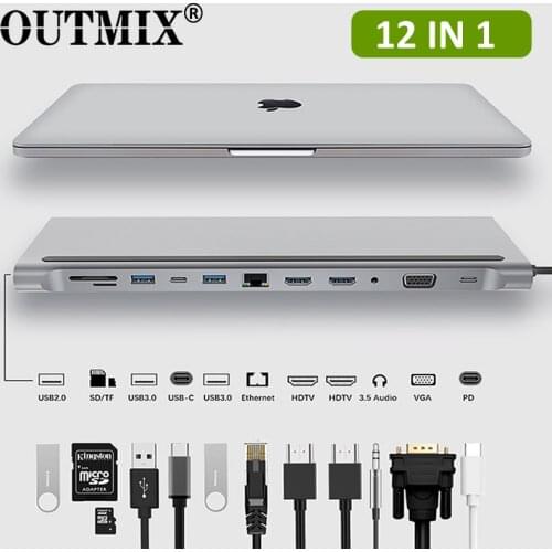 12 IN 1 MST Type C HUB to HDMI-compatible USB 3.0 HUB Dock VGA RJ45 USB Adapter Converters PD for Loptop Thunderbolt 3 USB C HUB