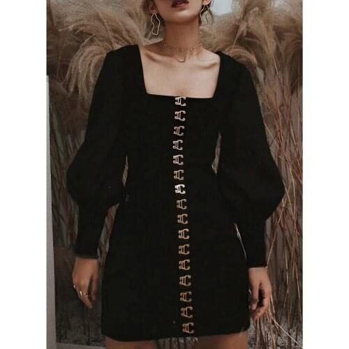 2021 vintage velvet bubble sleeve black dress womens new autumn and winter long personality tight slim dress traf