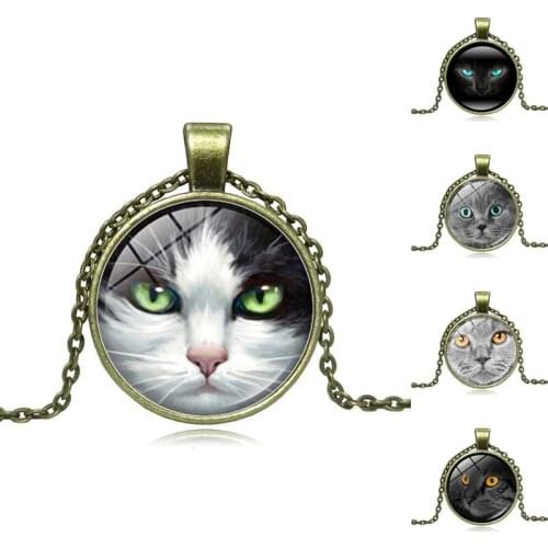 Vintage Jewelry with Bronze Plated Glass Cabochon Cat Face Shaped Choker Long Pendant Necklace for Women Wedding Gift