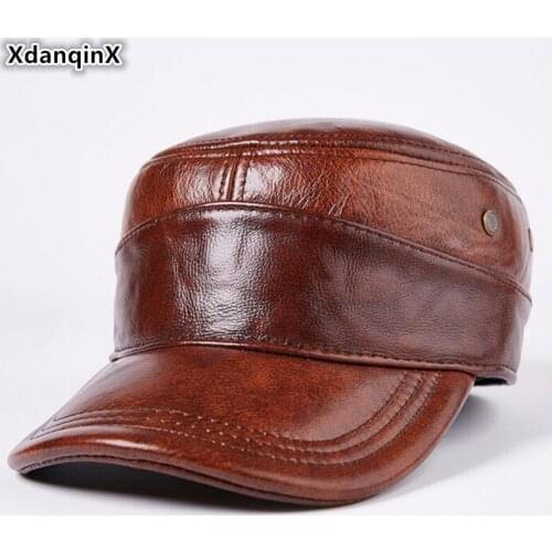 XdanqinX 2019 New Genuine Leather Cap Mens Cowhide Military Hat Middle-aged Warm Earmuffs Hats Adjustable Size Flat Cap For Men