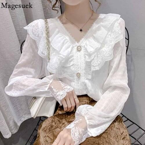 Elegant Ruffle Stitching Blouse with Lace Fashion V Neck White Womens Long Sleeve Top Lace Vintage Chiffon Shirt Blusas 16334