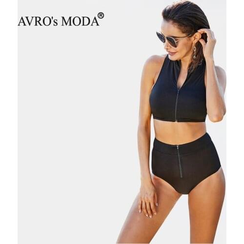 AVROs MODA Swimsuit Women High Waist Beachwear Swimwear Sexy Push Up Bikini Fashion Solid Female Two-Piece Zipper Bathing Suit