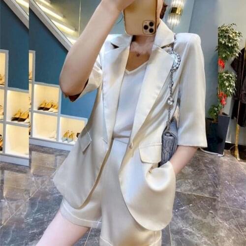 Casual Business Women Outfits Women Summer Blazer Set Imitation Silk Acetic Acid Suit Suit Thin Shorts Professional 2 Piece Sets