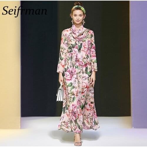 Seifrmann Women Summer Fashion Designer Holiday Long Dress Bow Sashes Floral Print Elegant Bodycon Fit Ladies A-Line Dresses