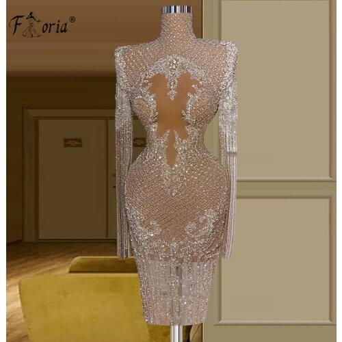 3 Designs Silver Tea-length Evening Dresses Prom Party Dresses with Tassels Heavy Handmade Beads Cocktail Dress Plus Size