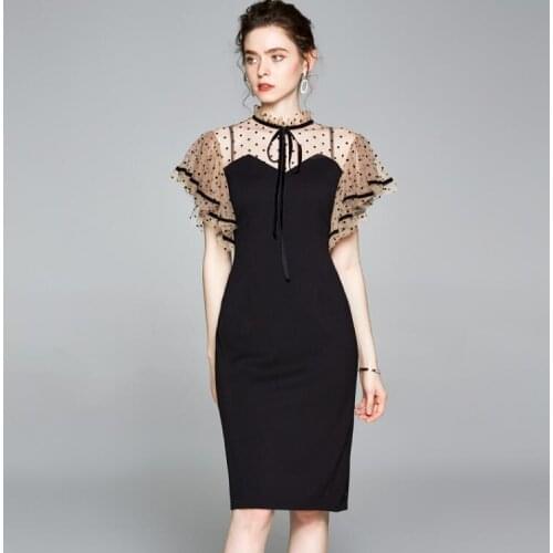 Womens spring summer short sleeve dot mesh patchwork sheath black dress female high waist vintage slim dress TB661