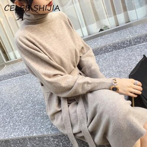 SHIJIA New Woman knit dress Long-sleeve turtleneck khaki solid slim waist sweater dress female lace-up knitwear ladies autumn