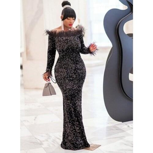 Black African Dresses for Women Sequined Africa Dress African Clothes Fashion Long Maxi Evening Dress Robe Africaine Femme 2019