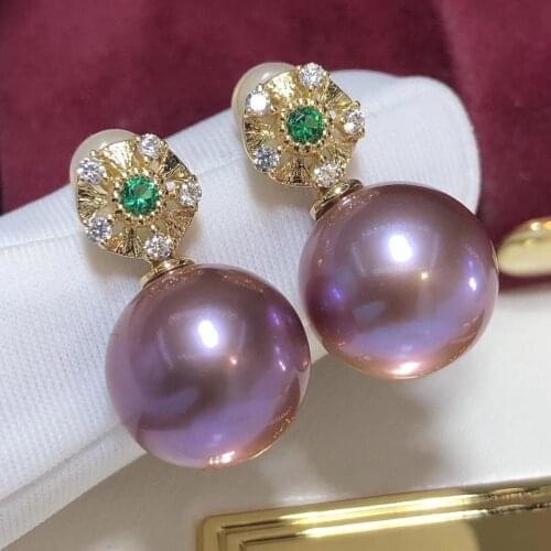D307 Fine Jewelry Pure 18 K Gold 10-11mm Natural Fresh Water Purple Pearls Earrings for Women Fine Pearl Earrings