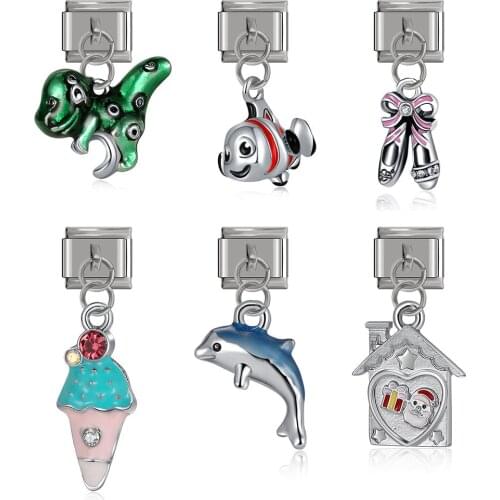 Hapiship Original Daisy Fashion Dinosaur Dolphins Ice Cream Charm Links Fit 9mm Bracelet Stainless Steel Jewelry Making DJ333