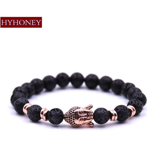 HYHONEY Micro Pave CZ Jewelry Buddha head Charm Bracelets Black Lava Natural Stone Beads Bracelets & Bangles Mens Jewelry