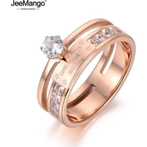 Trendy AAA CZ Crystal Setting Rose Gold Color Wedding Rings Jewelry Stainless Steel Rhinestone Engagement Ring JR18049