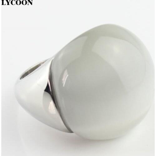 LYCOON Fashion high quality woman opals jewelry ring 316L stainless steel with white cats eyes stone in ball shape big rings
