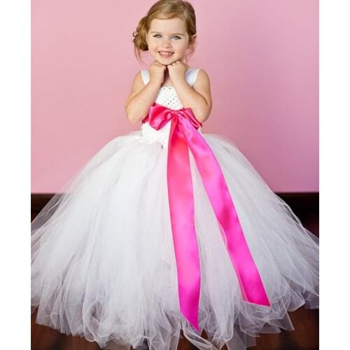 Cute Girls White Flower Girls Dress Kids Crochet Tulle Tutus Ball Gown with Pink Ribbon Bow Children Wedding Party Long Dress