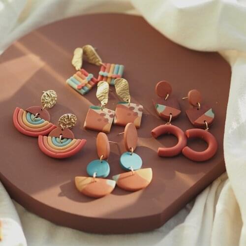 Trendy Classic Pop pattern Polymer Clay Multi Color Cute Geometric Hoop Stud Dangle Unique Earrings For Women Jewelry