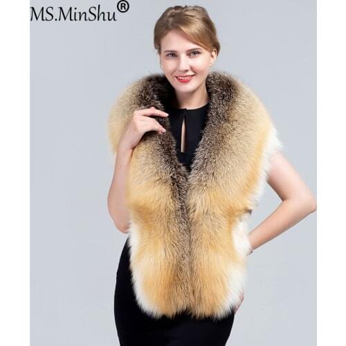 MS.Minshu Whole Fox Skin Shawl Luxury Genuine Fox Fur Stolel Natural Fox Fur Shawl with Tails Natural Fox fur Scarf
