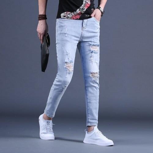 New Mens Ripped Jeans Summer Casual Light Blue Cotton Denim Pants Male Streetwear Holes Slim Fit Trousers