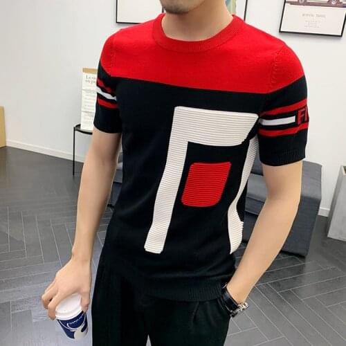 Summer Dress Short Sleeve Mens Knit Jacquard Weave High Quality Street Clothing Round Sleeve Fashion Knitwear Camisetas Hombre