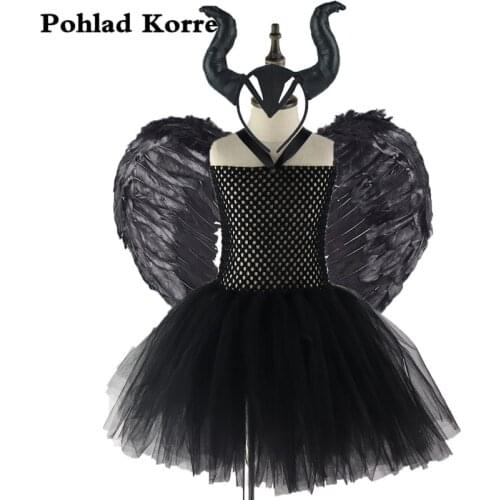 3 pcs Witch Evil Queen Girls Tutu Dress With Horns Feather Halloween Witch Costume for Girls Kids Party Dress Clothing XX0