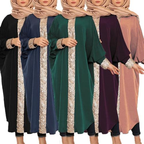 Ramadan Muslim Women Sequins Abaya Long Maxi Dress Robes Batwing Patchwork Islamic Kaftan Casual Loose Gown Caftan Arab Cocktail