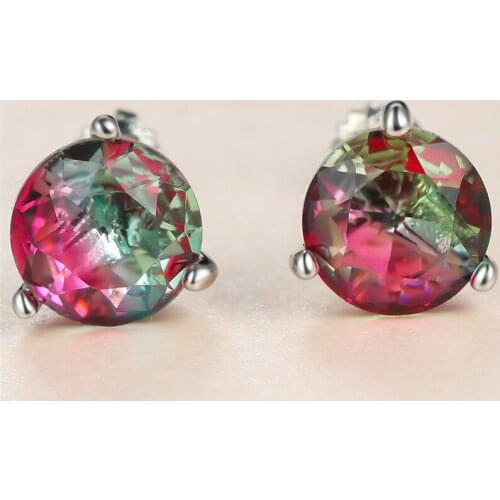 Red Green Crystal Zircon Stud Earrings Three Prong Round Rainbow Stone Earrings For Women Wedding Jewelry Silver Color Earrings