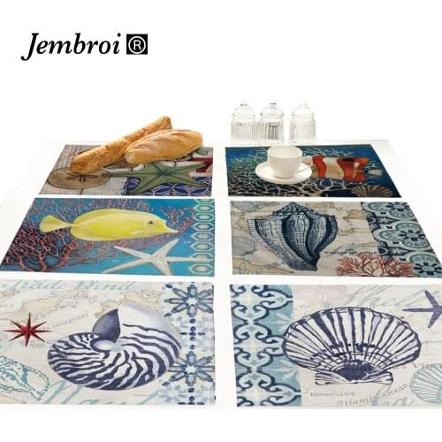 Cute Cartoon Ocean Animal Faux Linen Placemats for Dining Table Tea Cup Mat Pad Conch Drink Coasters Bar Kitchen Accessories