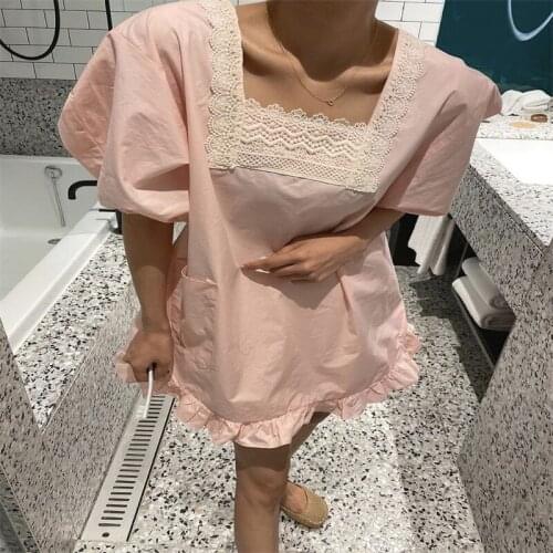 Back Design Lace Split Puff Sleeve Solid Color Tie Shirt Shorts Suit
