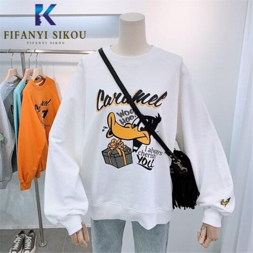 Funny Sweatshirt Women Fashion Cartoon Print Hoodies O-Neck Long Sleeve Pullover Female Plus Size Loose Sweatshirts Tops 2020